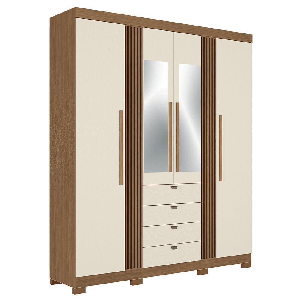 Guarda Roupa Aurora 4.4 Ripado 4 Portas E 4 Gavetas Jatobá-areia Com Espelho E Pés - Santos Andirá Jatobá-areia - 1