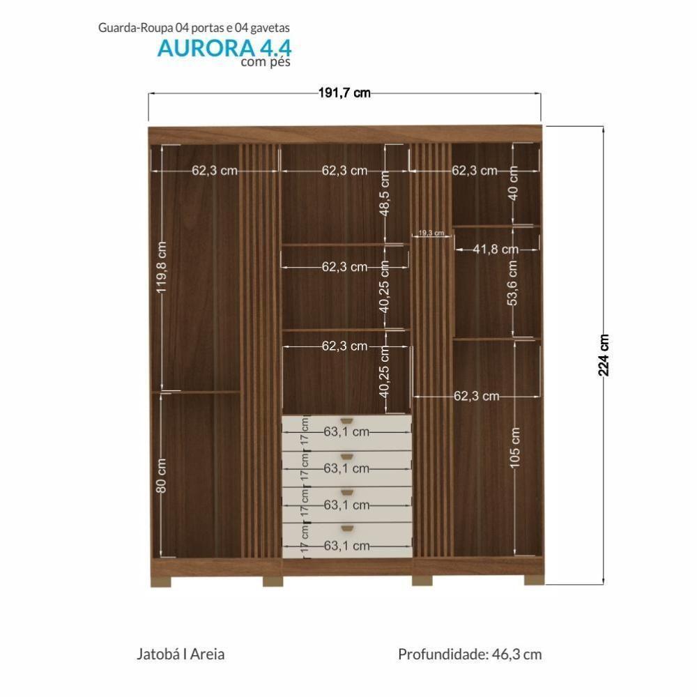 Guarda Roupa Aurora 4.4 Ripado 4 Portas E 4 Gavetas Jatobá-areia Com Pés - Santos Andirá Jatobá-areia - 4