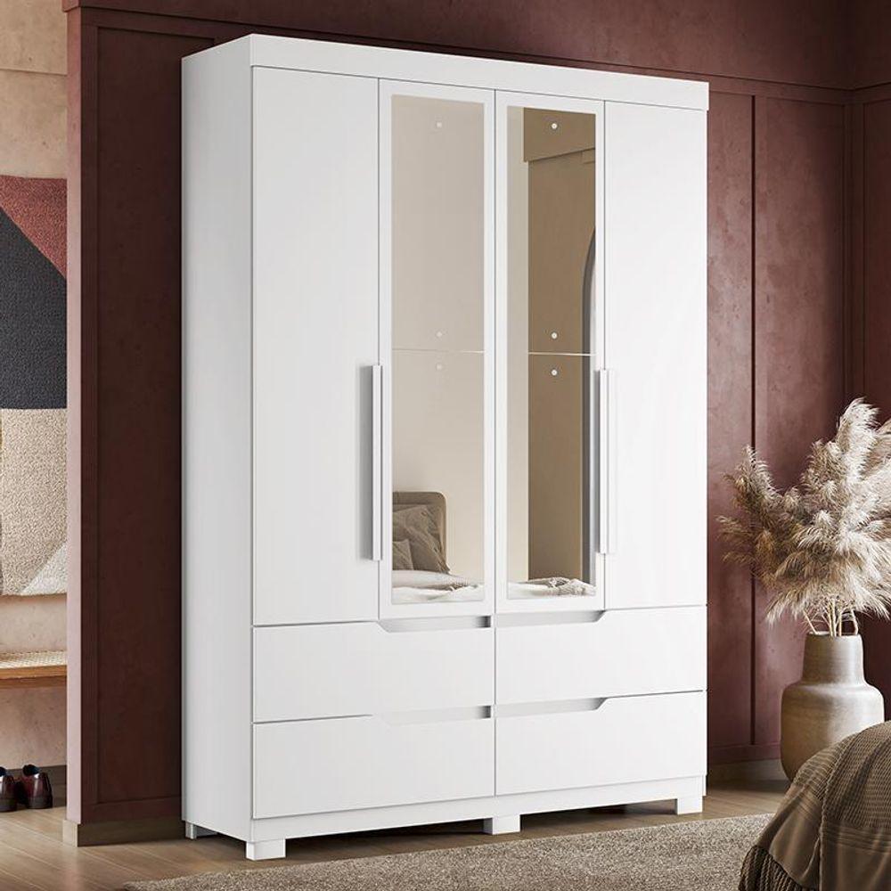 Guarda Roupa Solteiro Doble 4 Portas Branco Fosco Com Espelho - Móveis Albatroz Branco Fosco - 2