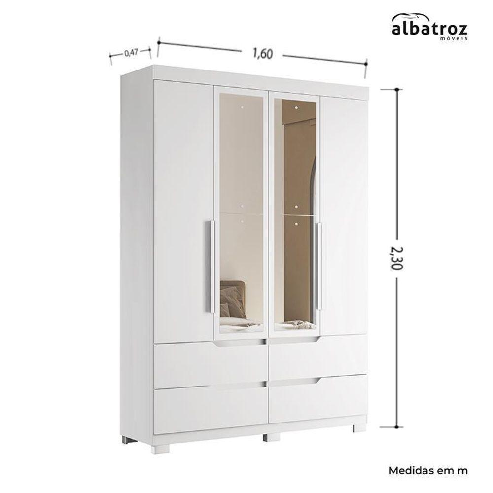 Guarda Roupa Solteiro Doble 4 Portas Branco Fosco Com Espelho - Móveis Albatroz Branco Fosco - 5