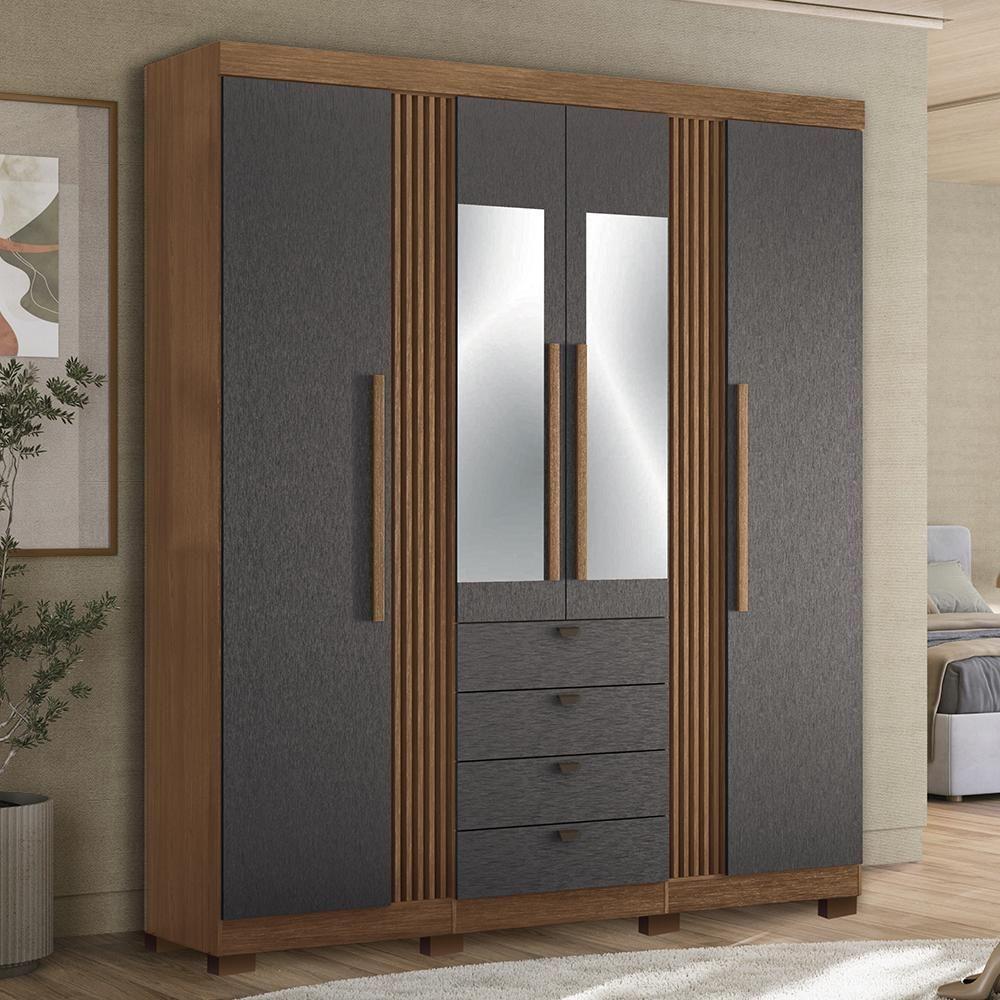 Guarda Roupa Aurora 4.4 Ripado 4 Portas E 4 Gavetas Jatobá-grafite Com Espelho E Pés - Santos Andirá Jatobá-grafite - 2