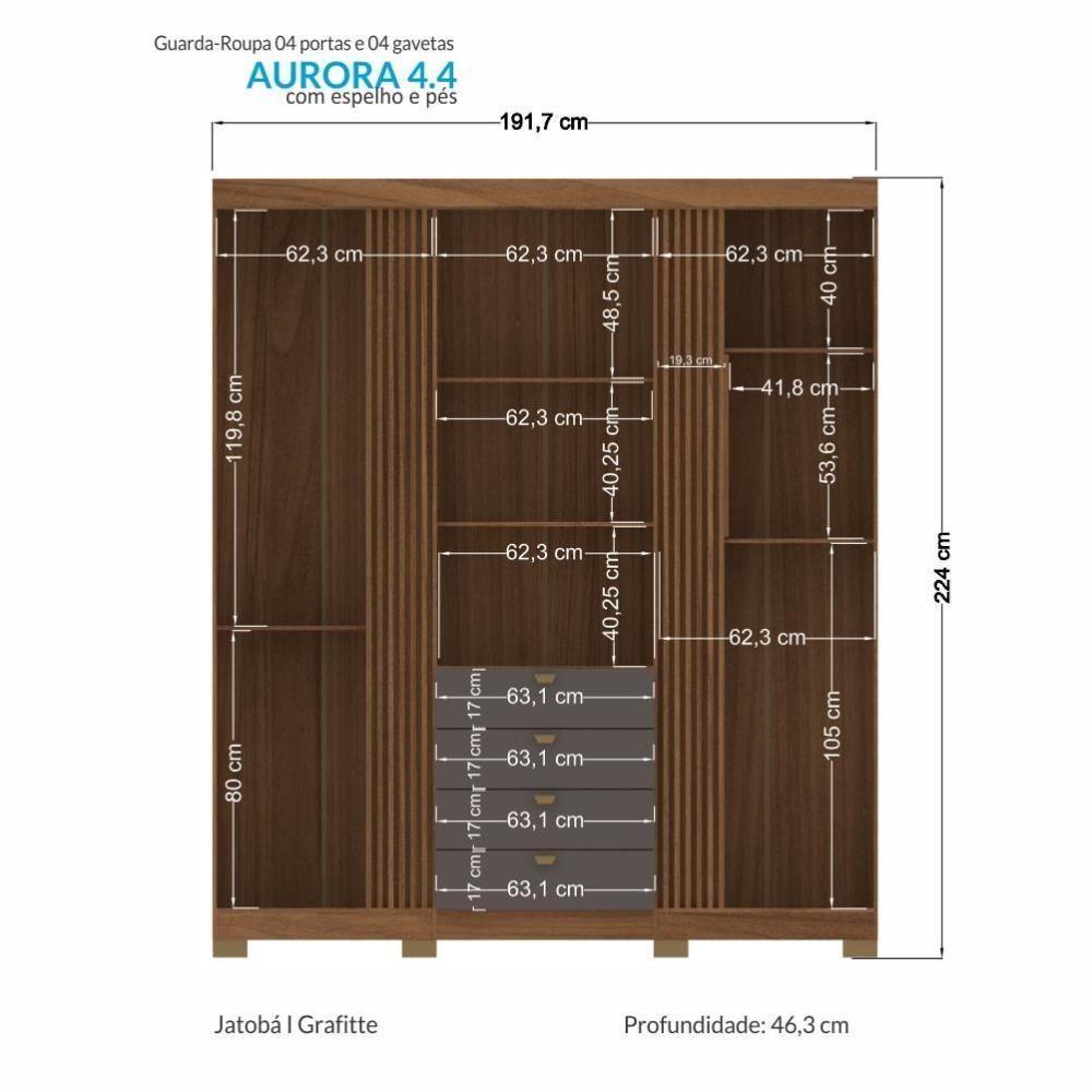 Guarda Roupa Aurora 4.4 Ripado 4 Portas E 4 Gavetas Jatobá-grafite Com Espelho E Pés - Santos Andirá Jatobá-grafite - 4
