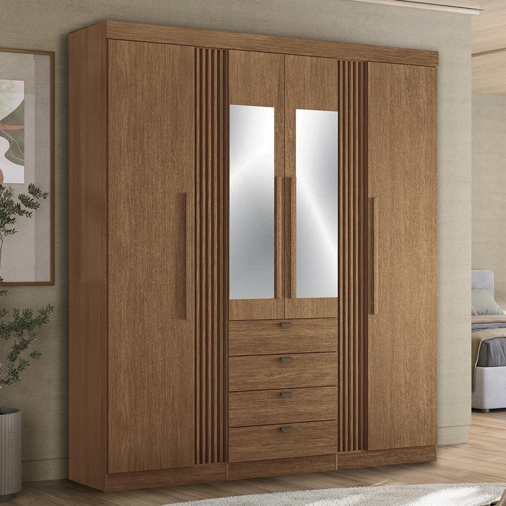 Guarda Roupa Aurora 4.4 Ripado 4 Portas E 4 Gavetas Jatobá Com Espelho - Santos Andirá Jatobá - 2