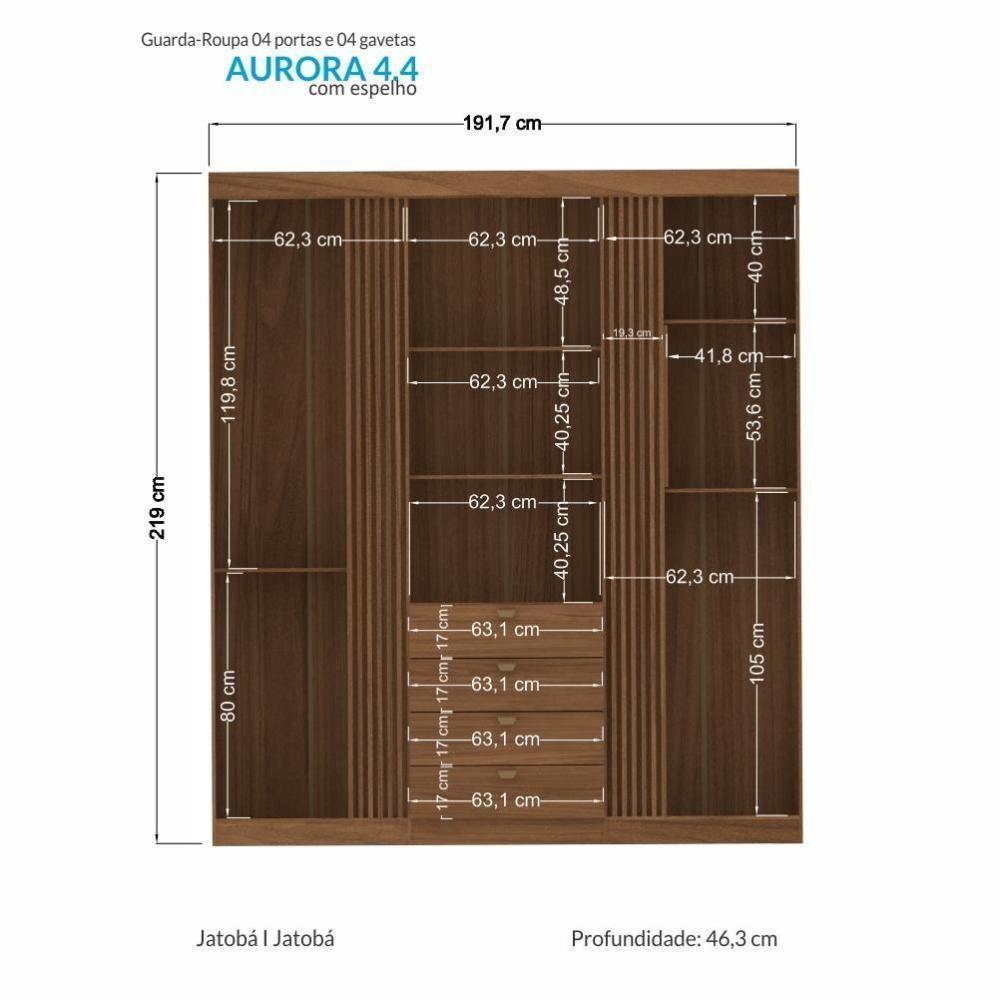 Guarda Roupa Aurora 4.4 Ripado 4 Portas E 4 Gavetas Jatobá Com Espelho - Santos Andirá Jatobá - 4