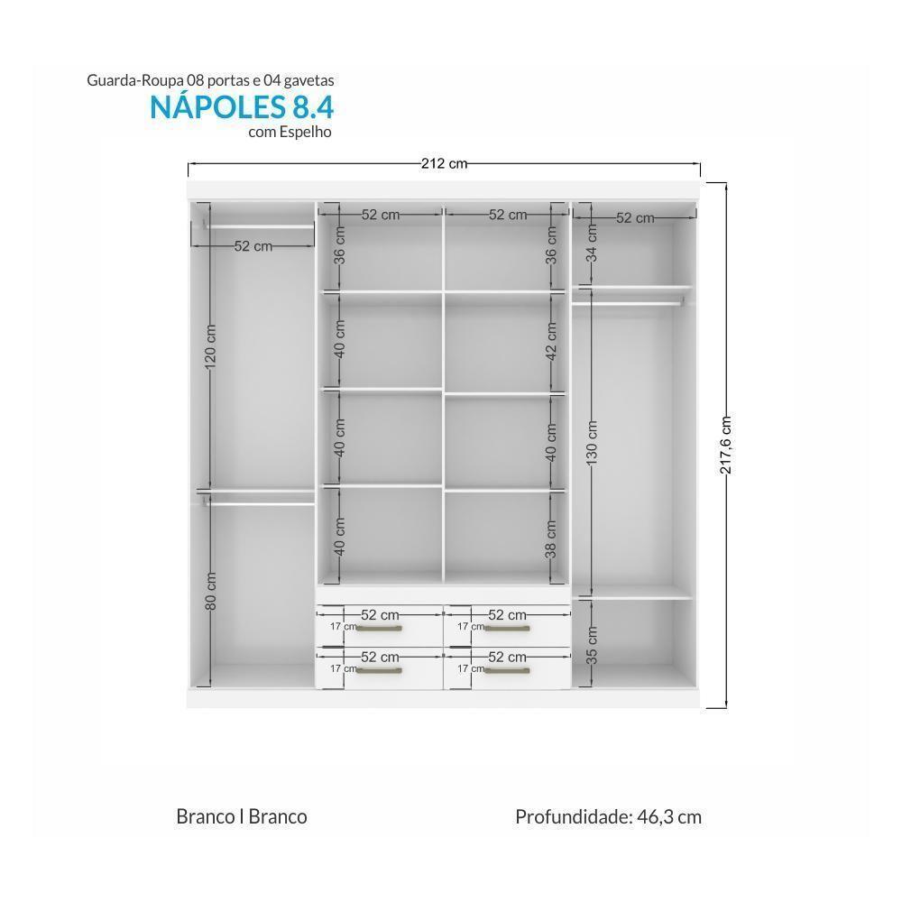 Guarda Roupa Casal Nápoles 8.4 8 Portas 4 Gavetas Branco Com Espelho - Santos Andirá Branco - 3