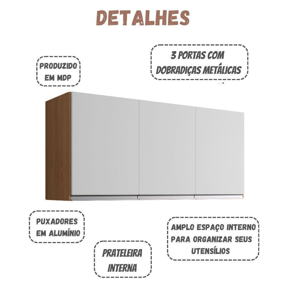 Armário Aéreo Andréia 120 Cm 3 Portas Amendoa Branco Ajl - 3