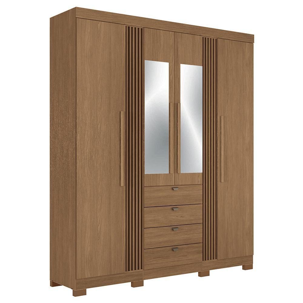 Guarda Roupa Aurora 4.4 Ripado 4 Portas E 4 Gavetas Jatobá Com Espelho E Pés - Santos Andirá Jatobá - 1