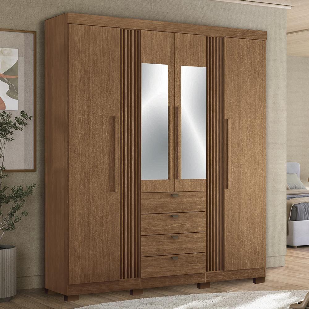 Guarda Roupa Aurora 4.4 Ripado 4 Portas E 4 Gavetas Jatobá Com Espelho E Pés - Santos Andirá Jatobá - 2