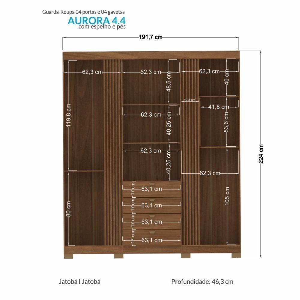 Guarda Roupa Aurora 4.4 Ripado 4 Portas E 4 Gavetas Jatobá Com Espelho E Pés - Santos Andirá Jatobá - 4