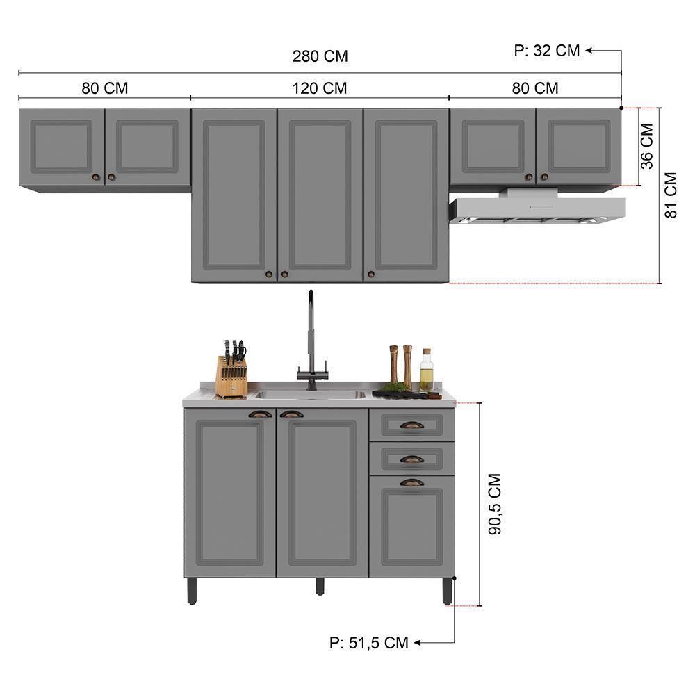 Cozinha Modulada Firenze 4 Peças Com Aéreo 120cm Chumbo-titânio - Indékes Chumbo-titânio - 4
