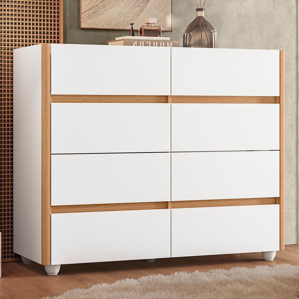Cômoda Aparador 8 Gavetas Branco-freijó Com Tampo De Vidro - Móveis Albatroz Branco-freijó - 2