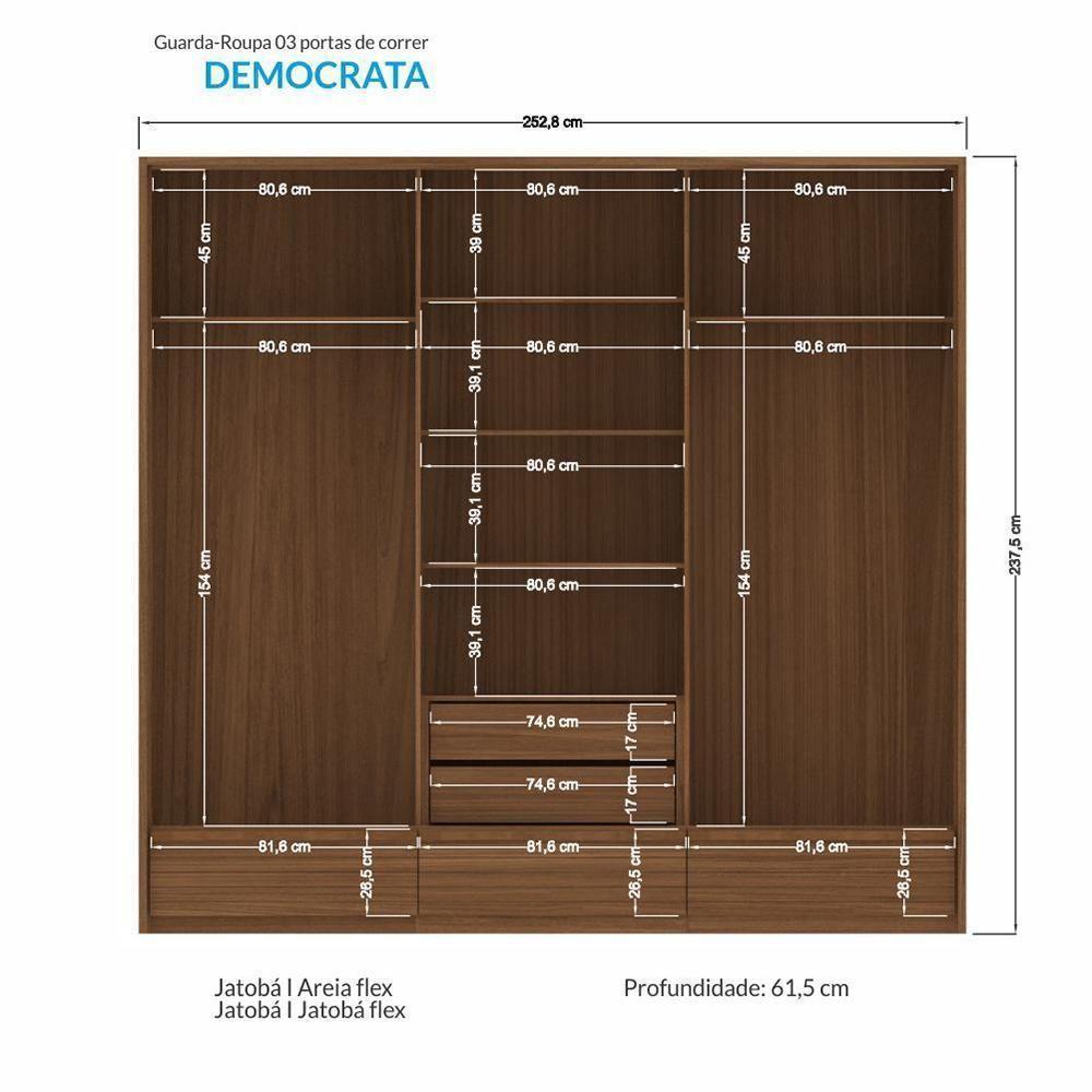Guarda Roupa Democrata 3 Portas Deslizantes Flex Jatobá-areia Com Espelho - Santos Andirá Jatobá-areia - 6