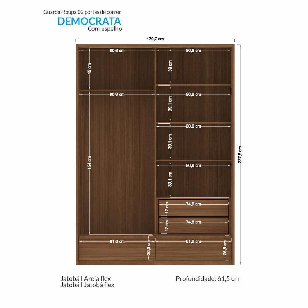 Guarda Roupa Democrata 2 Portas Deslizantes Flex Jatobá-areia Com Espelho - Santos Andirá Jatobá-areia - 6