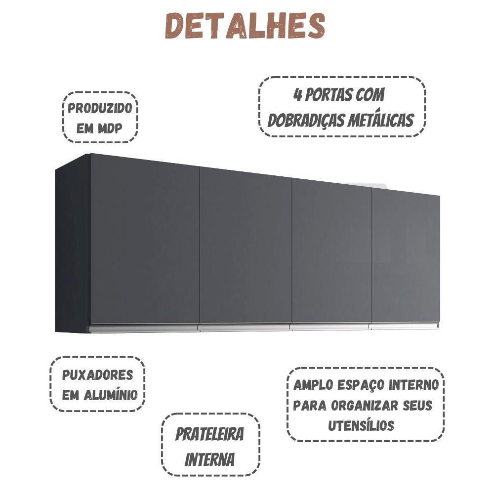 Armário Aéreo Andréia 150 Cm 4 Portas Cinza Ajl - 3