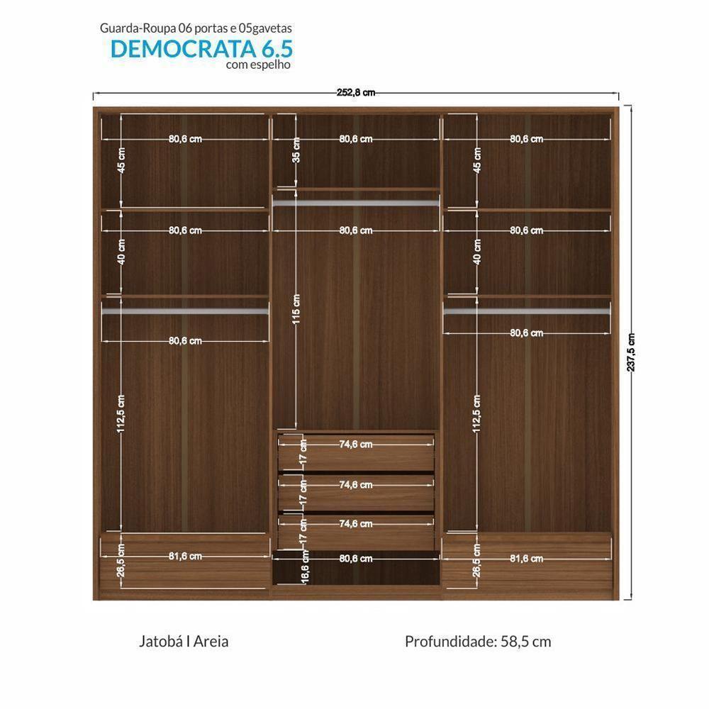 Guarda Roupa Democrata Ripado 6 Portas Jatobá-areia Com Espelho - Santos Andirá Jatobá-areia - 5
