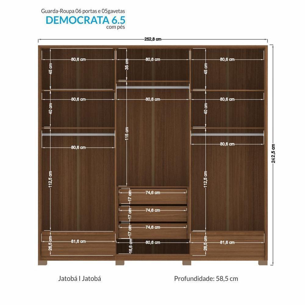 Guarda Roupa Democrata Ripado 6 Portas Jatobá Com Pés - Santos Andirá Jatobá - 4