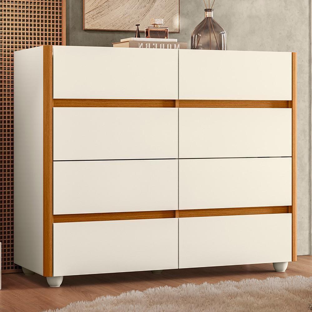 Cômoda Aparador 8 Gavetas Off White-cinamomo Com Tampo De Vidro - Móveis Albatroz Off White-cinamomo - 4