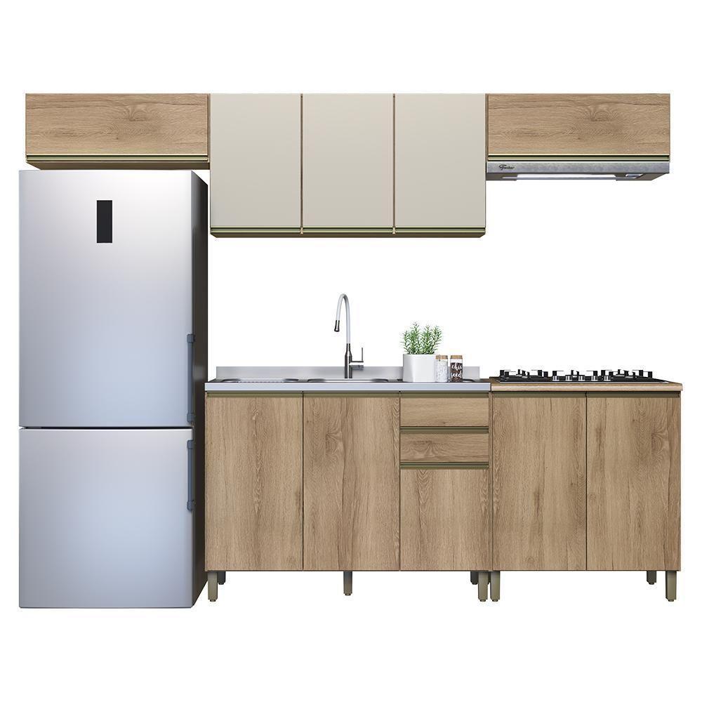 Cozinha Modulada Dinamarca 5 Peças Castani Com Aéreo 120cm Com Vidro Off White - Indékes Castani - 1