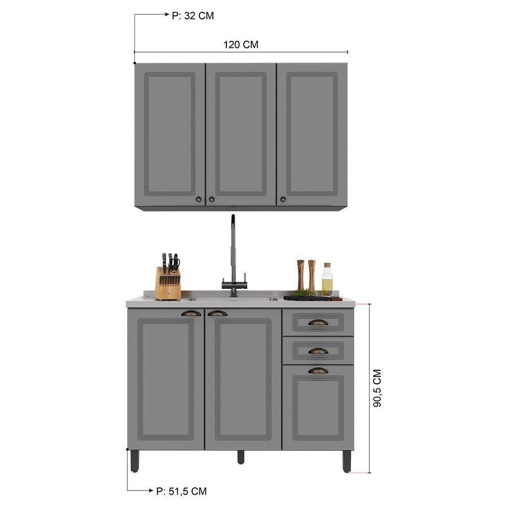 Cozinha Modulada Firenze 2 Peças Aéreo E Balcão 120cm Chumbo-titânio Sem Tampo - Indékes Chumbo-titânio - 4