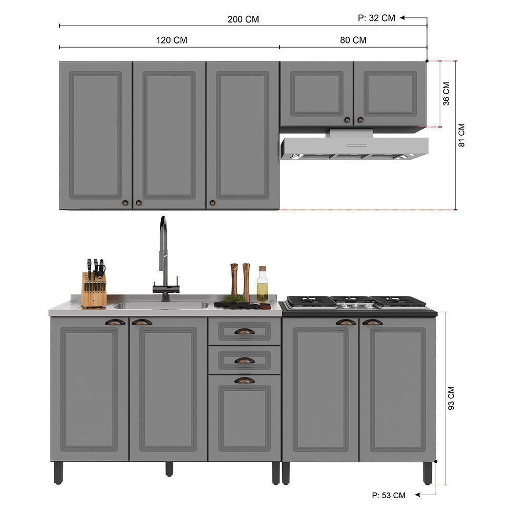 Cozinha Modulada Firenze 4 Peças Com Aéreo De Geladeira Chumbo-titânio - Indékes Chumbo-titânio - 4