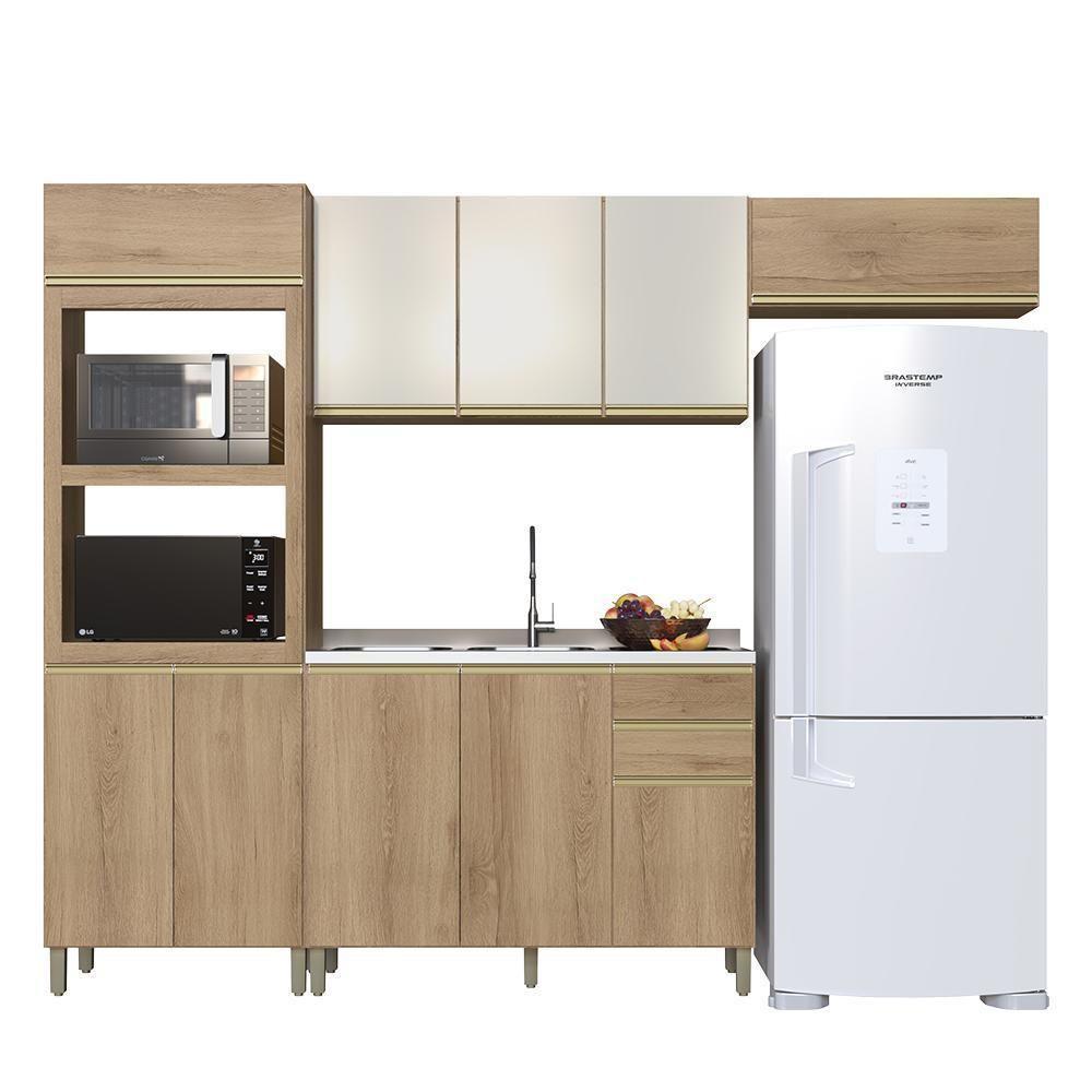 Cozinha Modulada Dinamarca 4 Peças Com Torre Quente 2 Fornos Castani E Aéreo 120 Com Vidro Off White - Indékes Castani - 1