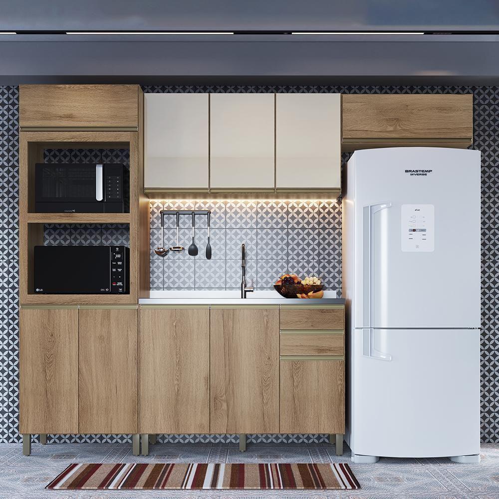 Cozinha Modulada Dinamarca 4 Peças Com Torre Quente 2 Fornos Castani E Aéreo 120 Com Vidro Off White - Indékes Castani - 2