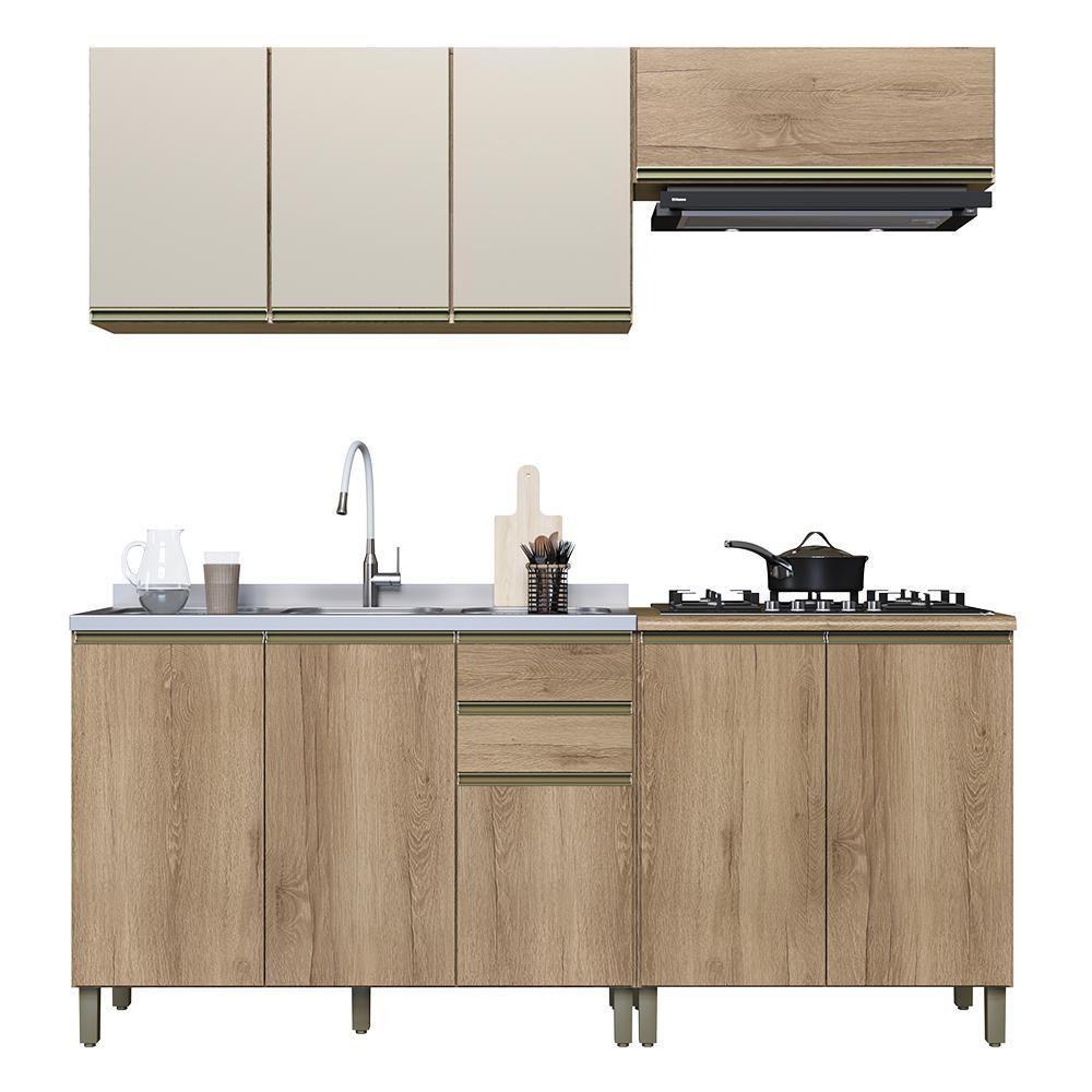 Cozinha Modulada Dinamarca 4 Peças Aéreo Com Vidro Off White E Balcão 120cm Castani Sem Tampo - Indékes Castani - 1