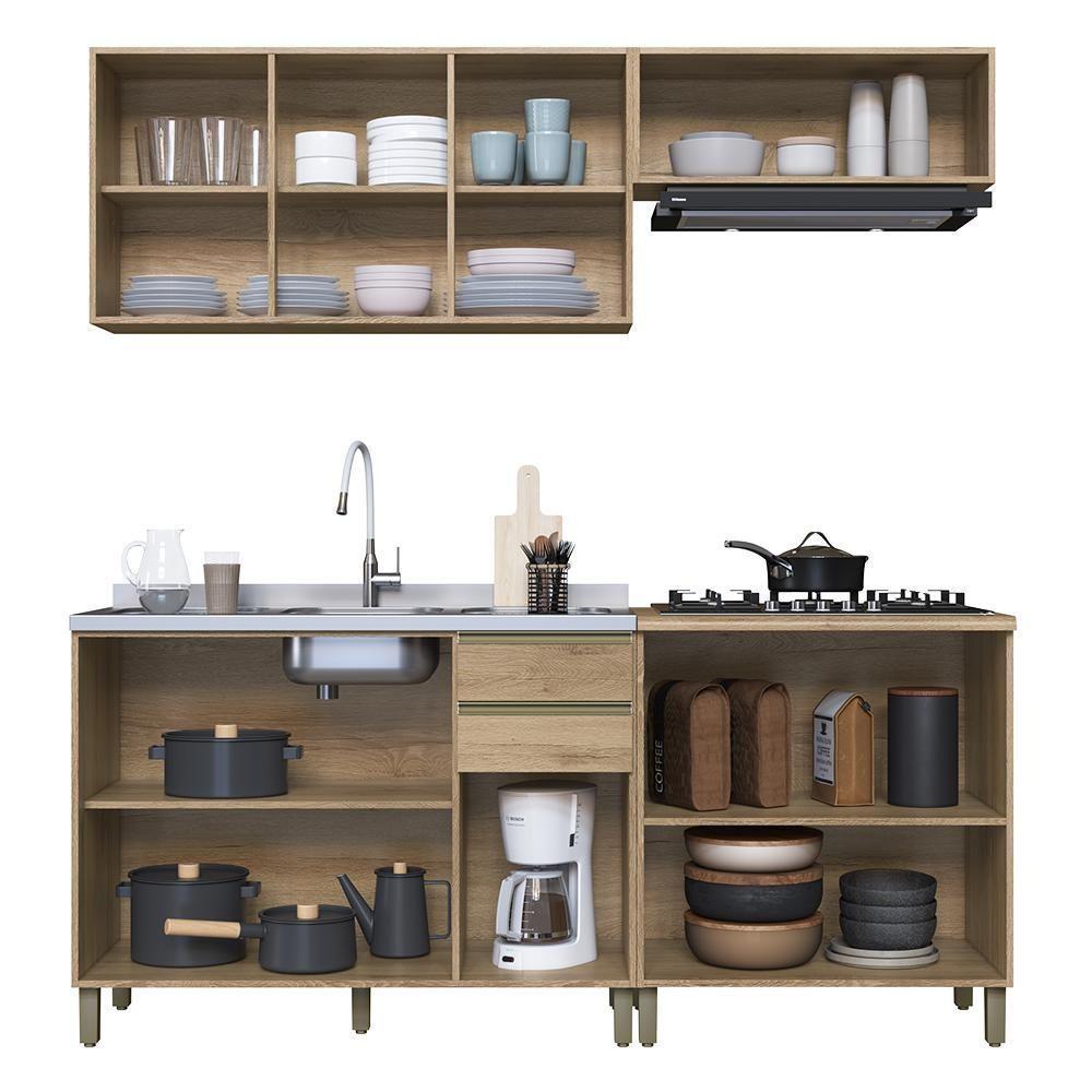 Cozinha Modulada Dinamarca 4 Peças Aéreo Com Vidro Off White E Balcão 120cm Castani Sem Tampo - Indékes Castani - 3