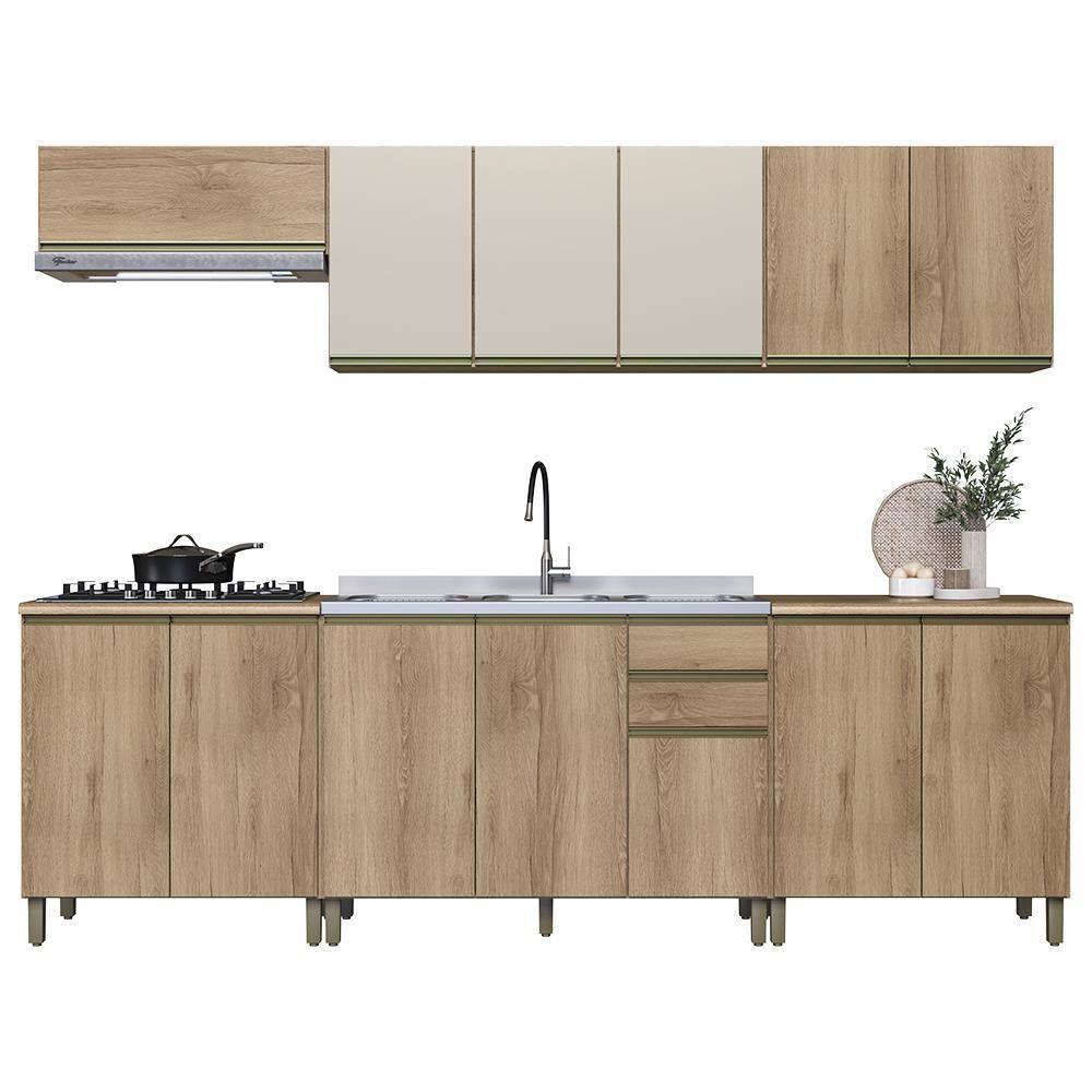 Cozinha Modulada Dinamarca 6 Peças Castani Com Aéreo 120cm Com Vidro Off White - Indékes Castani - 1