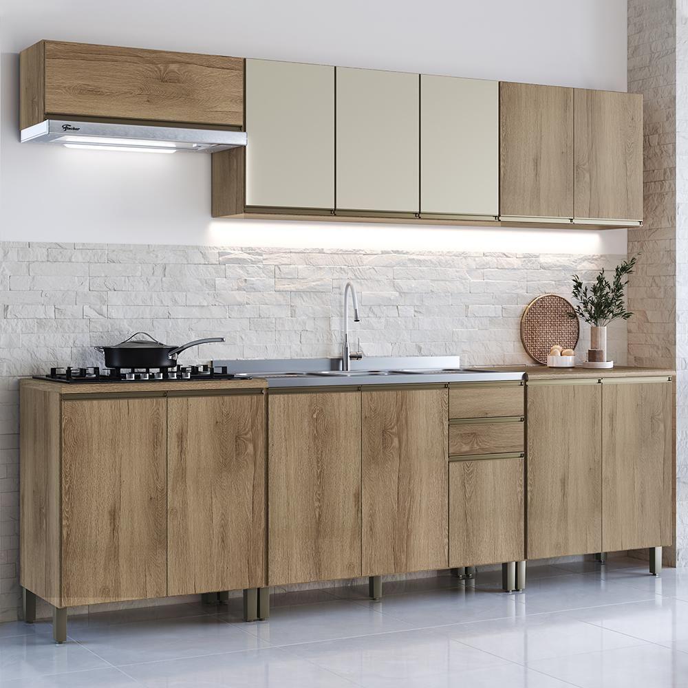 Cozinha Modulada Dinamarca 6 Peças Castani Com Aéreo 120cm Com Vidro Off White - Indékes Castani - 2