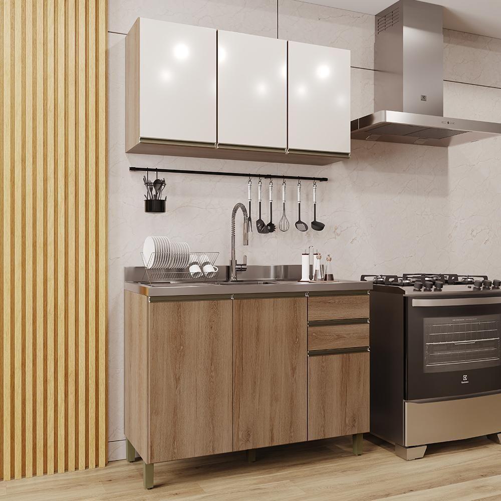 Cozinha Modulada Dinamarca 2 Peças Aéreo Com Vidro Off White E Balcão 120cm Castani Sem Tampo - Indékes Castani - 2