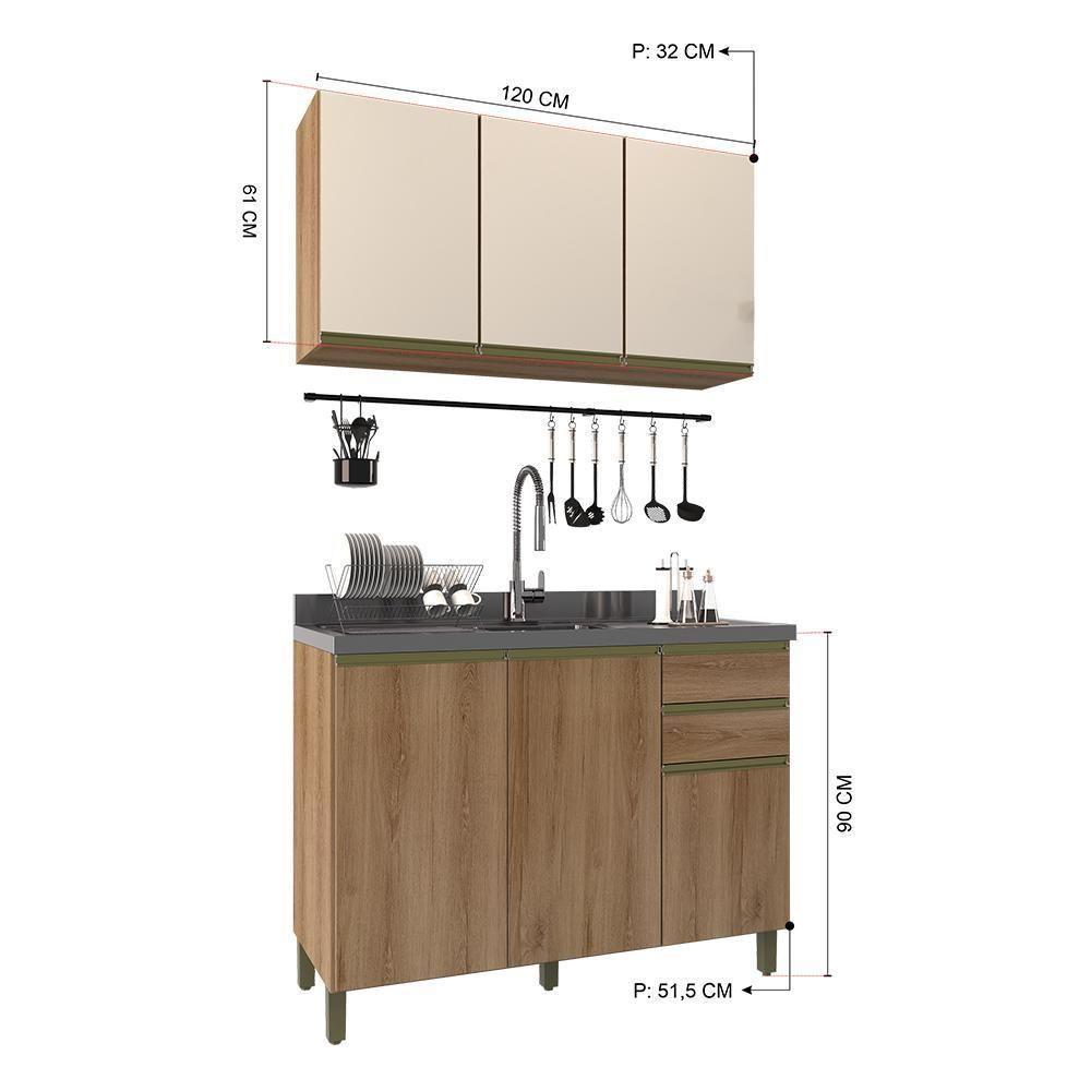 Cozinha Modulada Dinamarca 2 Peças Aéreo Com Vidro Off White E Balcão 120cm Castani Sem Tampo - Indékes Castani - 4
