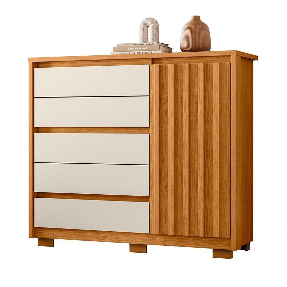 Cômoda Sapateira Duetto 1 Porta Ripada E 5 Gavetas Cinamomo-off White - Móveis Albatroz Cinamomo-off White - 1