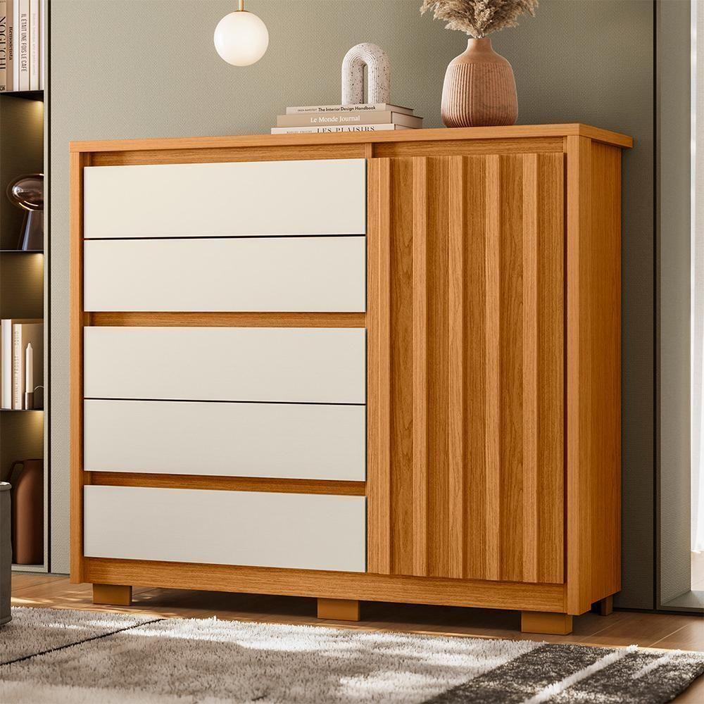 Cômoda Sapateira Duetto 1 Porta Ripada E 5 Gavetas Cinamomo-off White - Móveis Albatroz Cinamomo-off White - 2