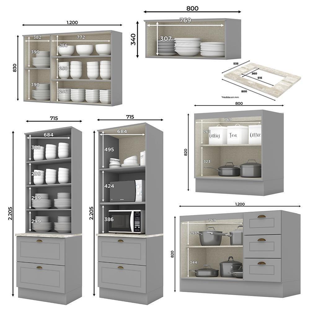 Cozinha Completa Americana 6 Peças Cinza Com Torre Quente 2 Fornos - Móveis Henn Cinza - 3