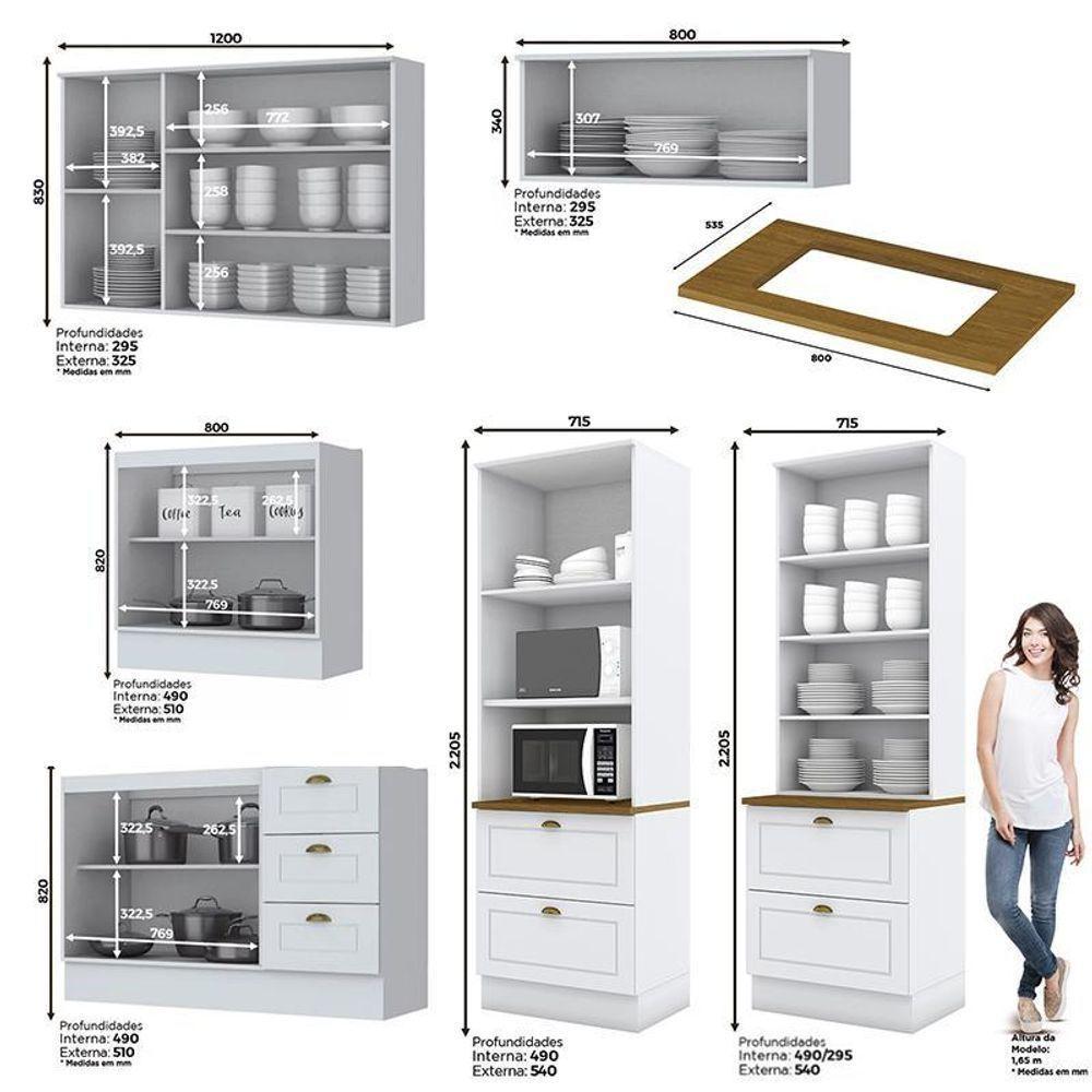 Cozinha Completa 6 Peças Americana Branco Com Torre Quente 2 Fornos Tampo Nature - Móveis Henn Branco - 4