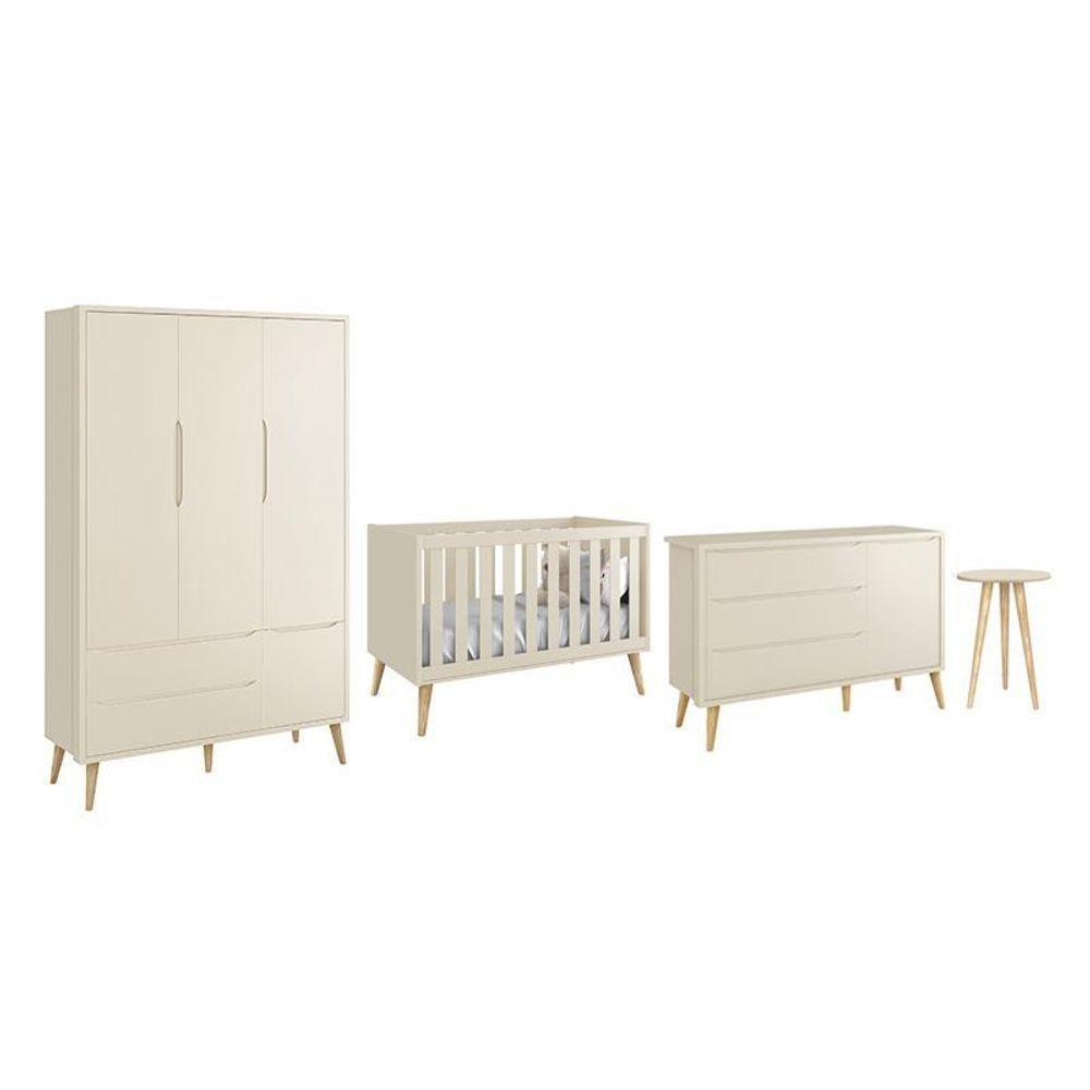 Dormitório Theo 3 Portas E Mesa De Canto Areia Fosco Com Pés Madeira Natural - Reller Móveis Areia Fosco - 1