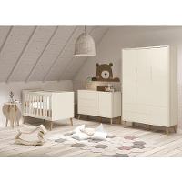 Dormitório Theo 3 Portas E Mesa De Canto Areia Fosco Com Pés Madeira Natural - Reller Móveis Areia Fosco - 2