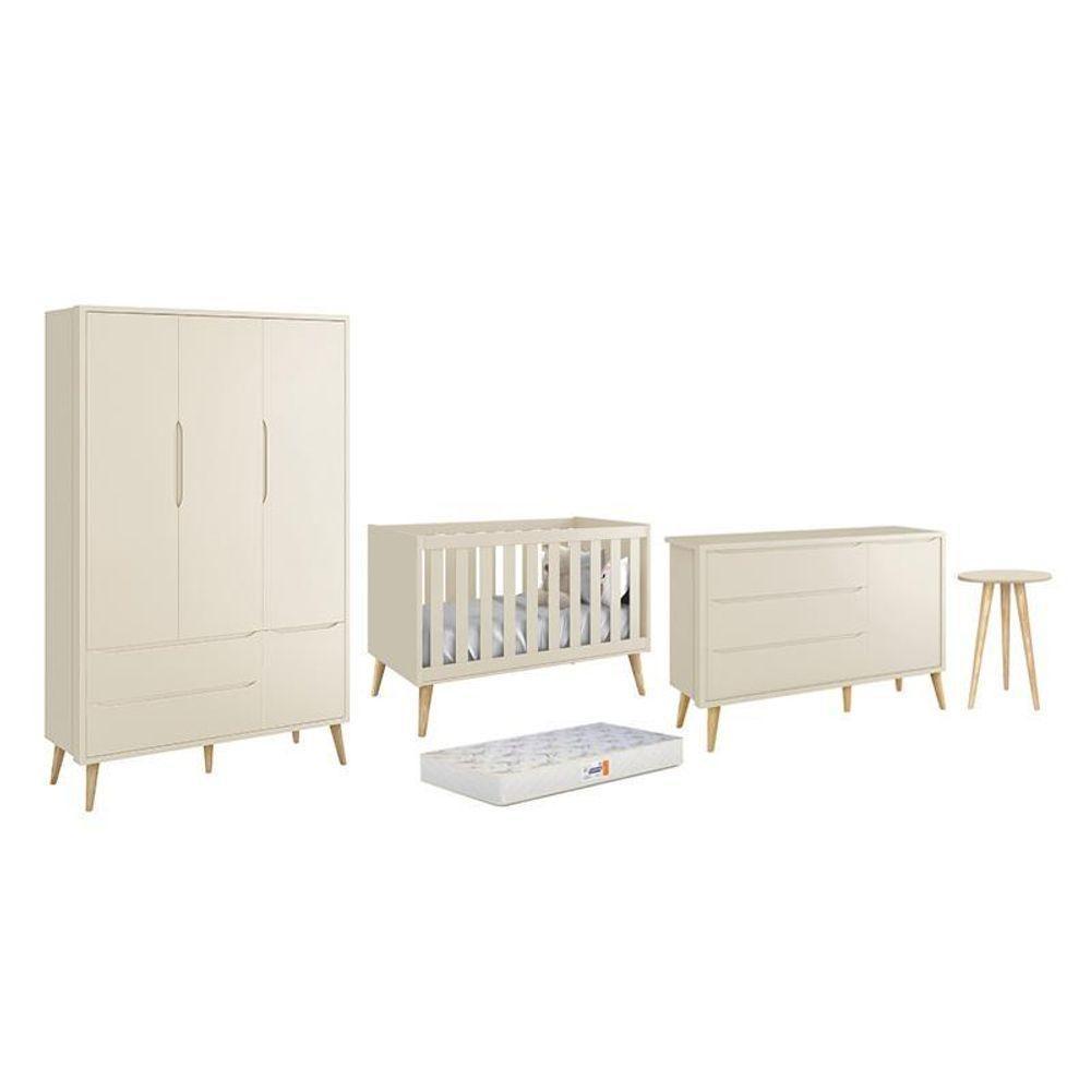 Dormitório Theo 3 Portas, Mesa De Canto Areia Fosco Com Pés Madeira Natural E Colchão D18 - Reller Móveis Areia Fosco - 1