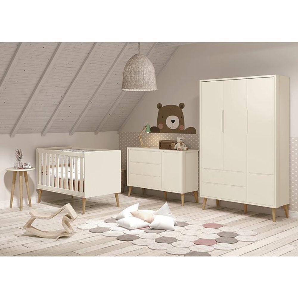 Dormitório Theo 3 Portas, Mesa De Canto Areia Fosco Com Pés Madeira Natural E Colchão D18 - Reller Móveis Areia Fosco - 2