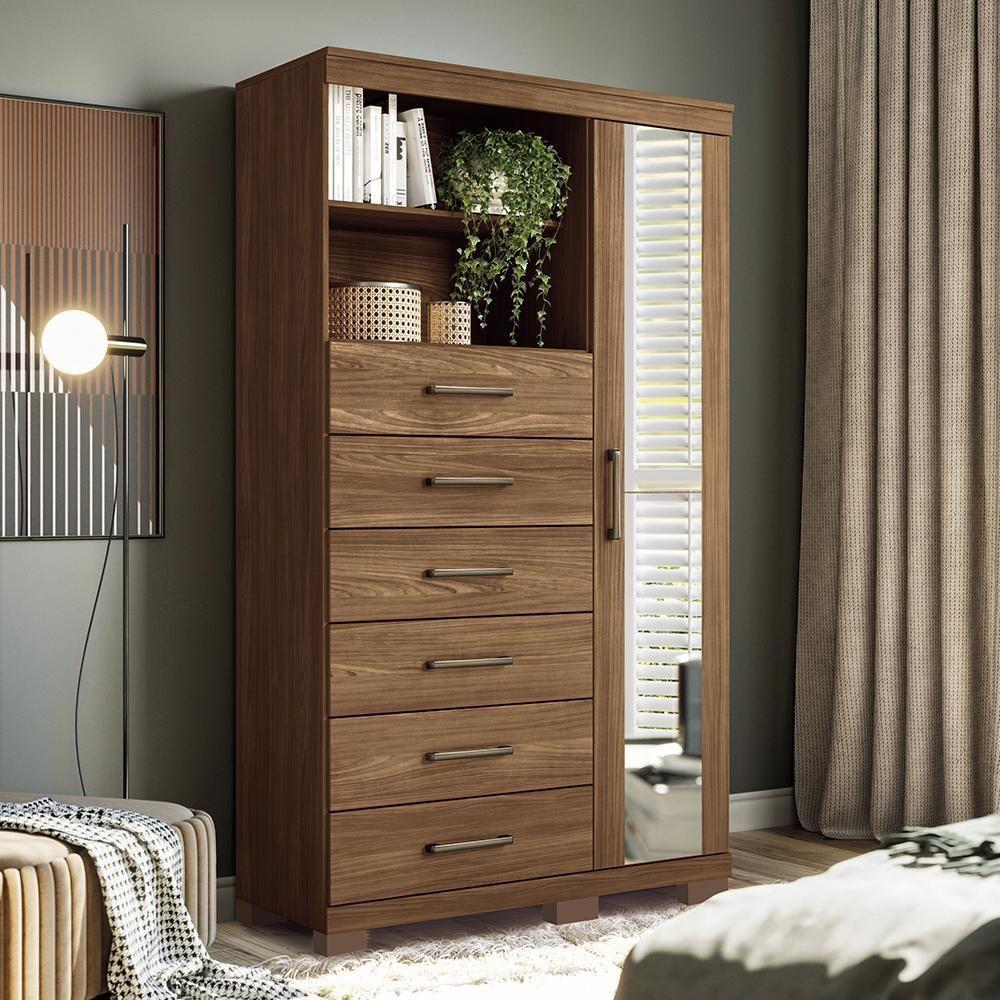 Multi-cômoda Marabá 1.6 1 Porta 6 Gavetas Jatobá Com Pés E Espelho - Santos Andirá Jatobá - 2