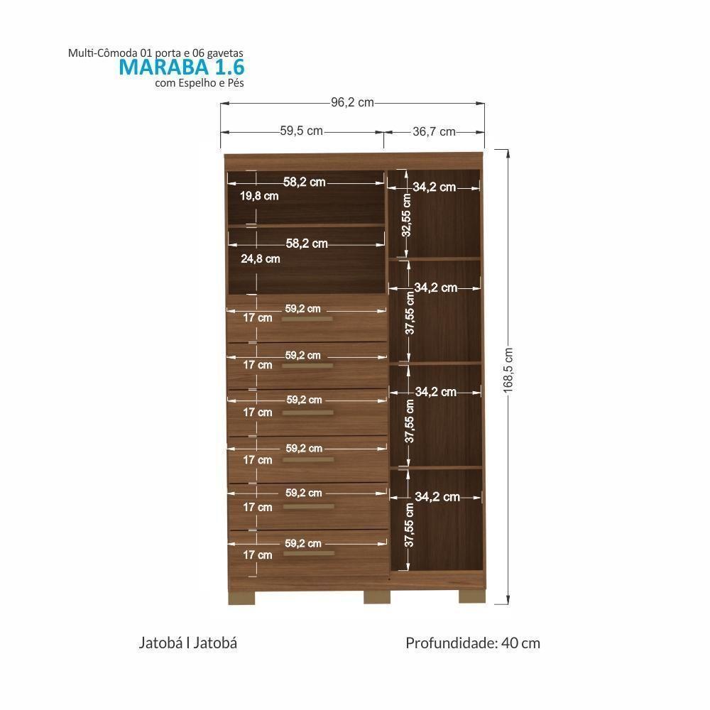 Multi-cômoda Marabá 1.6 1 Porta 6 Gavetas Jatobá Com Pés E Espelho - Santos Andirá Jatobá - 4