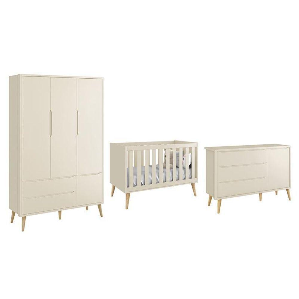 Dormitório Theo 3 Portas Areia Fosco Com Pés Madeira Natural - Reller Móveis Areia Fosco - 1