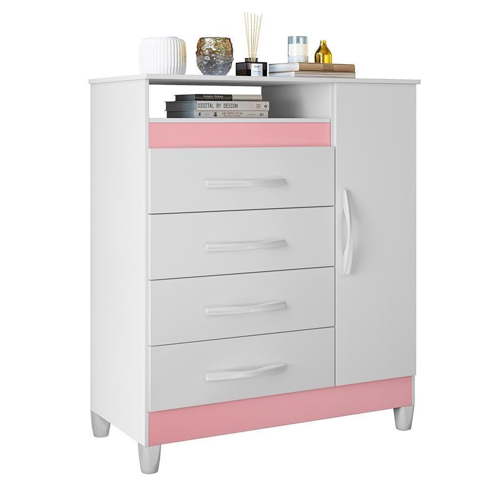 Cômoda Turquesa 1 Porta E 4 Gavetas Quadriflex Branco-rosa Matte - Móveis Albatroz Branco-rosa Matte - 1