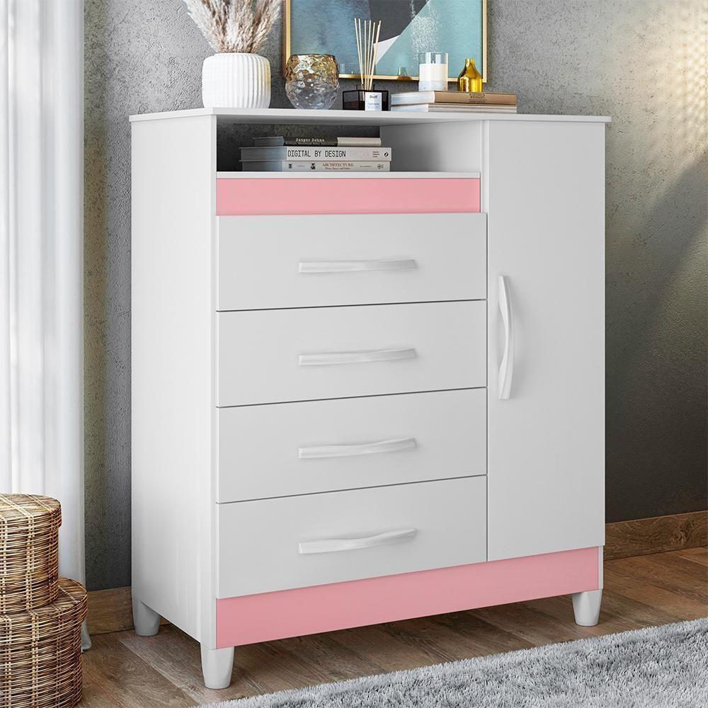 Cômoda Turquesa 1 Porta E 4 Gavetas Quadriflex Branco-rosa Matte - Móveis Albatroz Branco-rosa Matte - 2