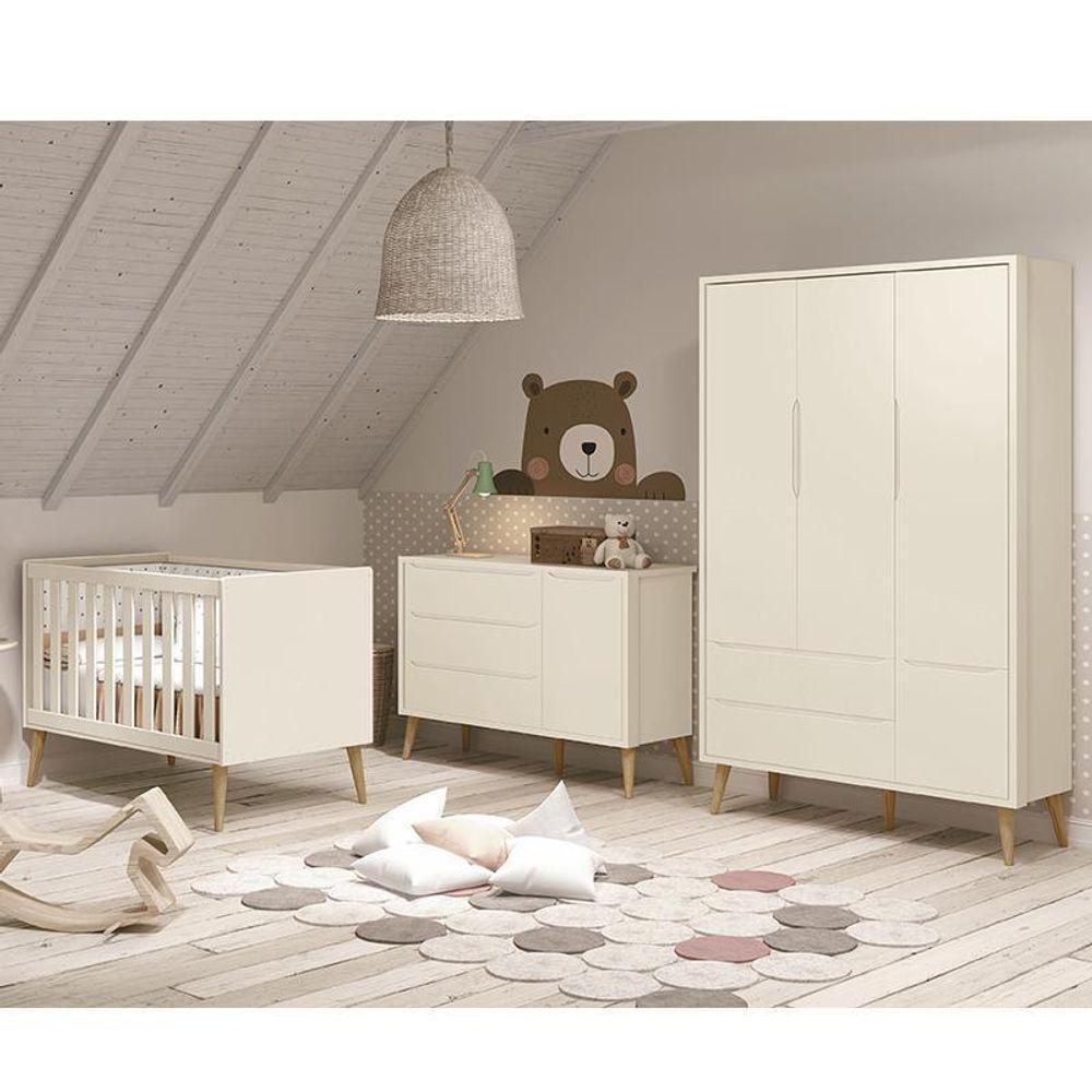 Dormitório Theo 3 Portas Areia Fosco Com Pés Madeira Natural E Colchão D18 Branco - Reller Móveis Areia Fosco - 2