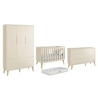 Dormitório Theo 3 Portas Areia Fosco Com Pés Madeira Natural E Colchão D18 Branco - Reller Móveis Areia Fosco - 1