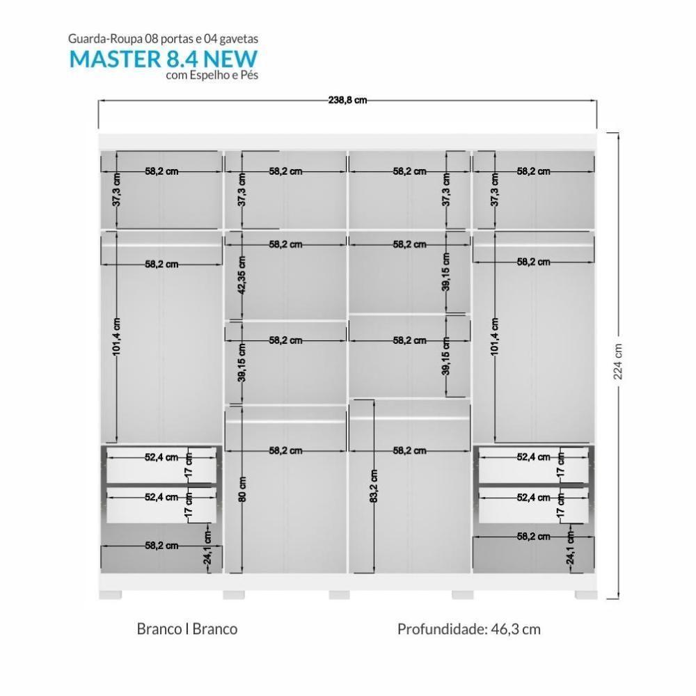Guarda Roupa Casal Master New 8.4 8 Portas Branco Com Espelho E Pés - Santos Andirá Branco - 4