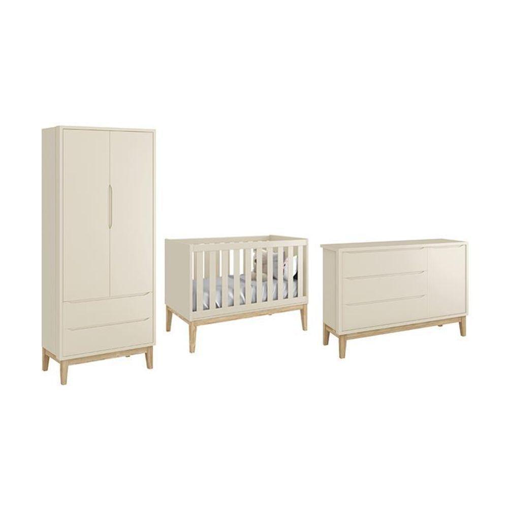 Dormitório Classic 2 Portas E Cômoda Com Porta Areia Fosco Com Pés Madeira Natural - Reller Móveis Areia Fosco - 1