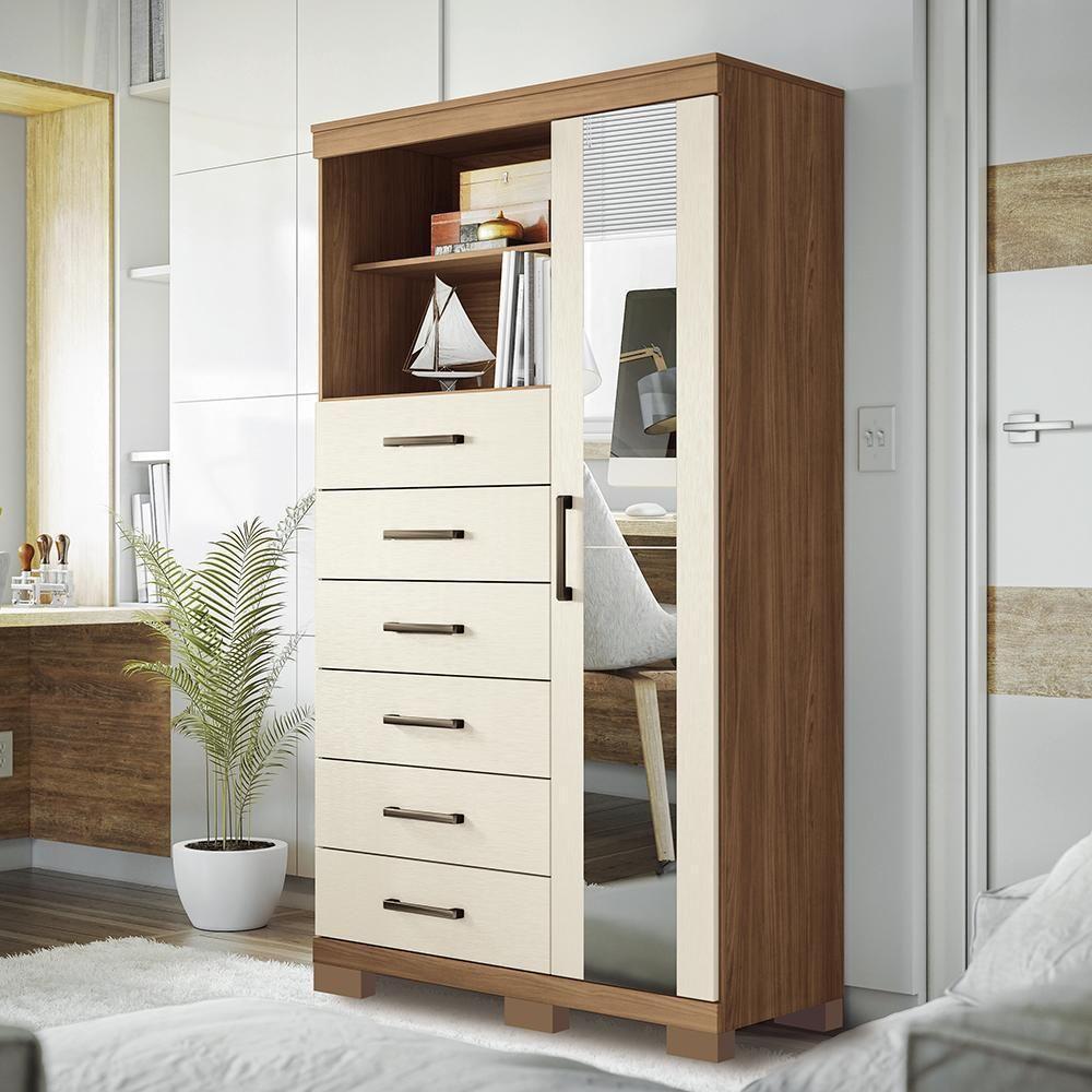 Multi-cômoda Marabá 1.6 1 Porta 6 Gavetas Jatobá-areia Com Pés E Espelho - Santos Andirá Jatobá-areia - 2